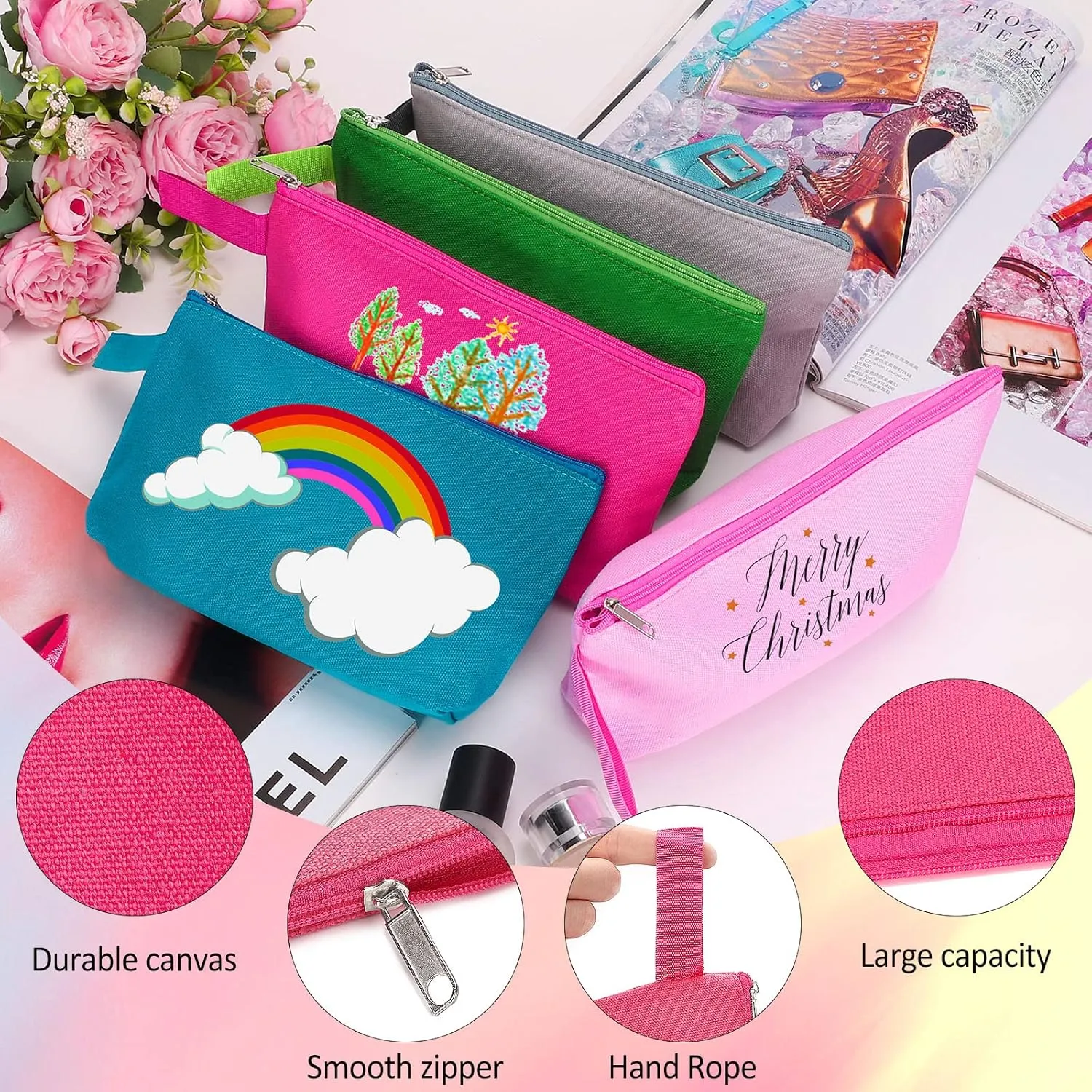 10 Pieces Cotton Canvas Makeup Bag with Bottom and Strap, Multi-Purpose Cosmetic Bag with Zipper Travel Toiletry Pouch, Blank DIY Craft Bag (Multicolor 02, S)