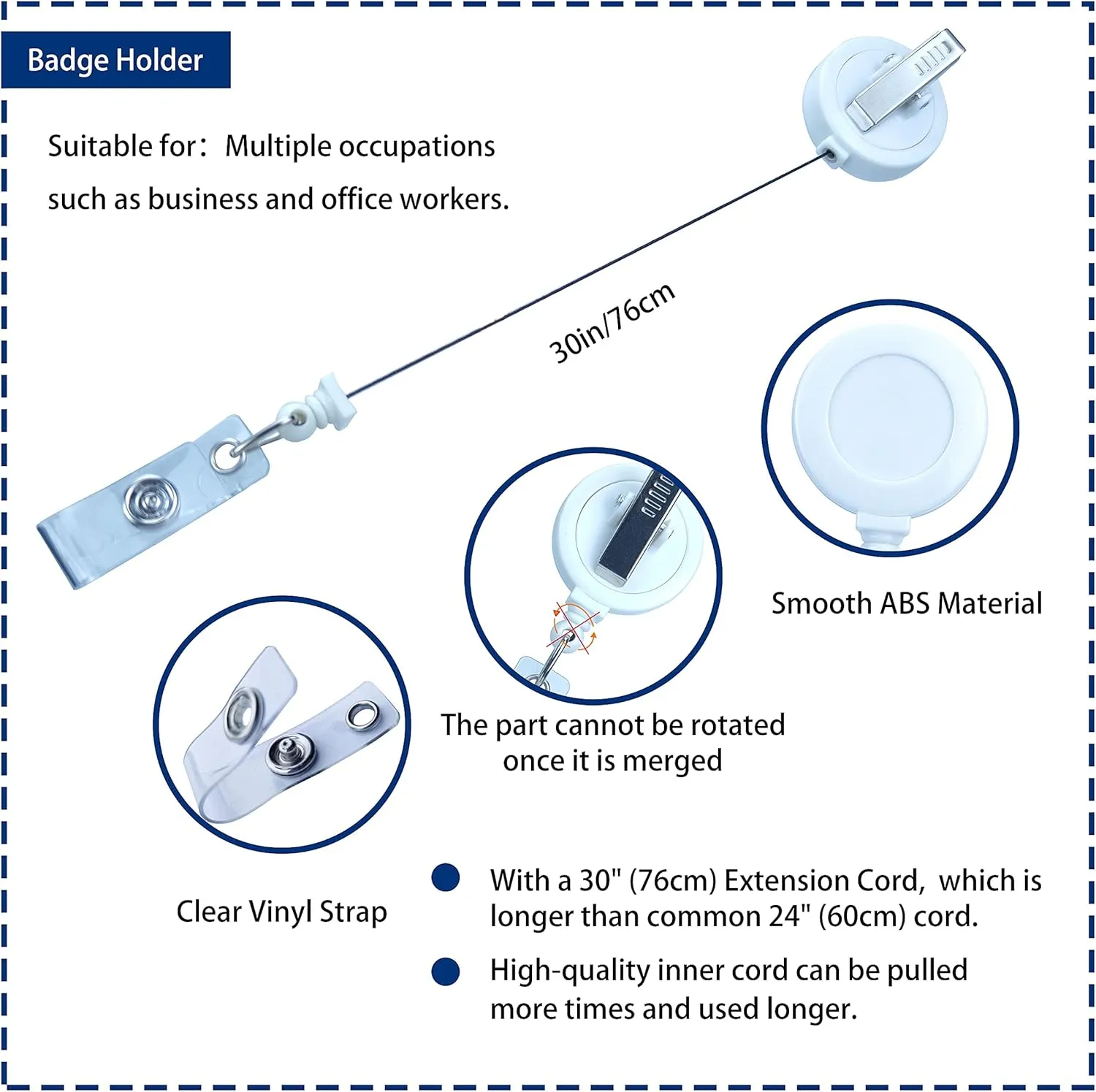 100 Pack Badge Reels Retractable Badge Holder with Clip, Id Clips for Badges, Id Badge Reel, Retractable Id Badge Clip with Clear Vinyl Strap & Alligator Swivel, No Twist Dispenser (White)