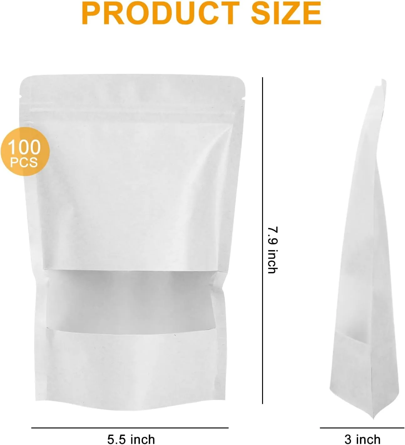 100 PCS Kraft Paper Bags, Resealable Food Packaging Bags with Window, Zip Lock Stand Up Reusable Heat Sealable Bags for Small Business, Foods (4.7x7.9 3 inch)
