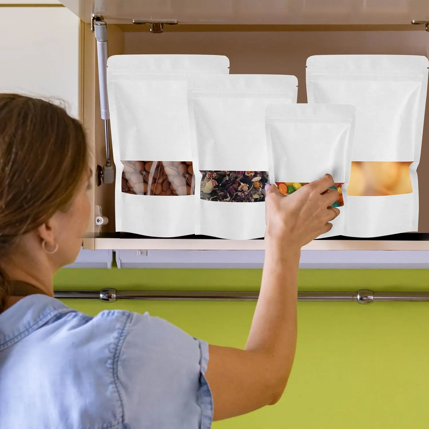 100 PCS Kraft Paper Bags, Resealable Food Packaging Bags with Window, Zip Lock Stand Up Reusable Heat Sealable Bags for Small Business, Foods (4.7x7.9 3 inch)