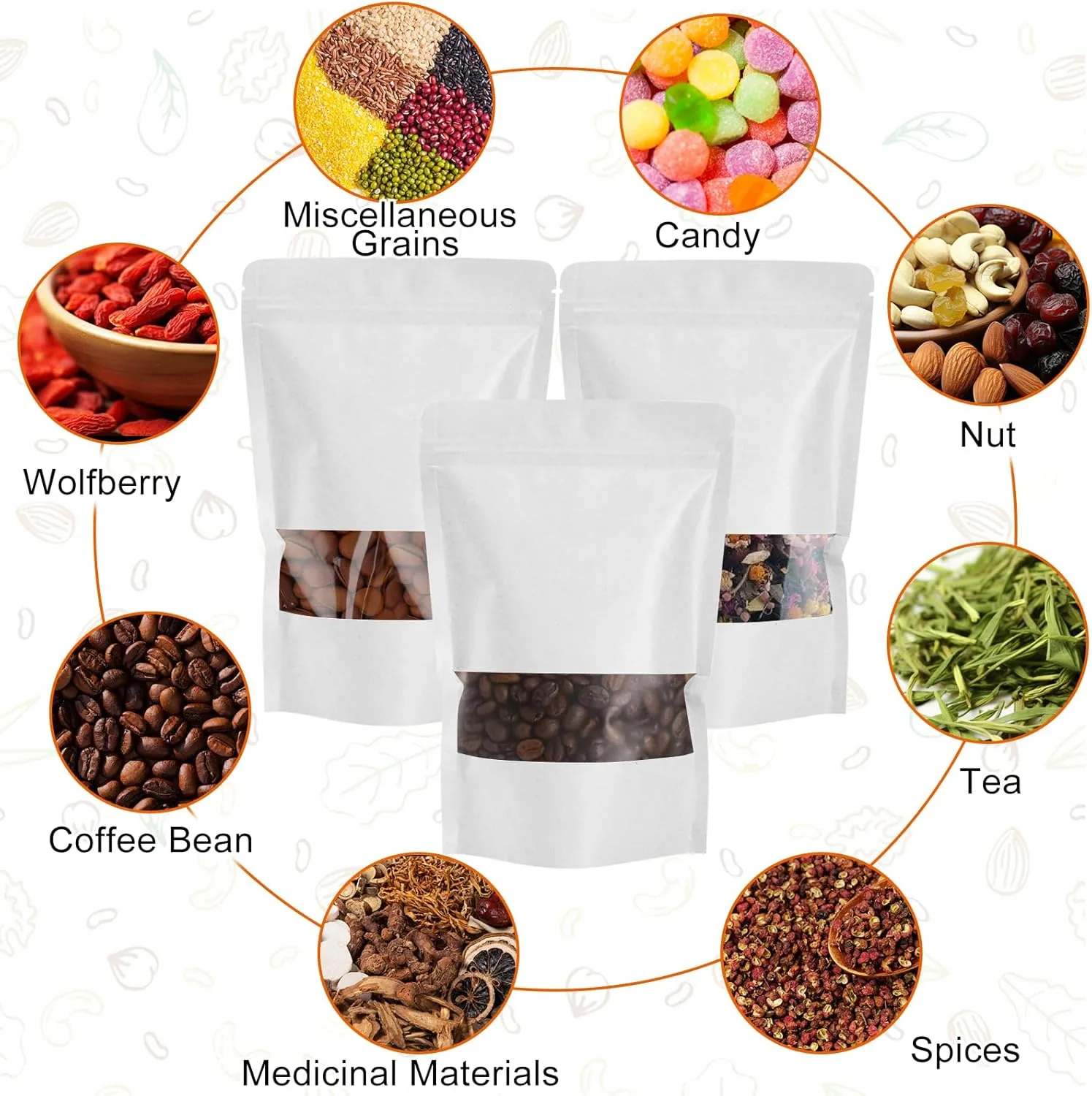 100 PCS Kraft Paper Bags, Resealable Food Packaging Bags with Window, Zip Lock Stand Up Reusable Heat Sealable Bags for Small Business, Foods (6.3x9.5 3 inch)