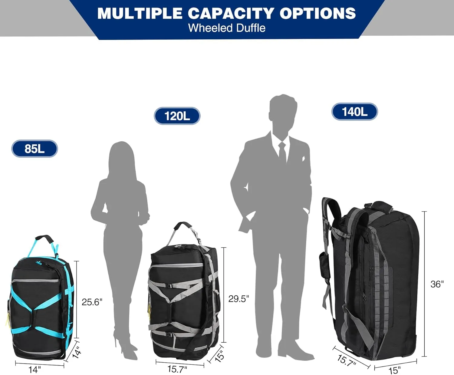 140L Foldable Duffle Bag with Wheels & Convertible Backpack Straps, Heavy-Duty 1680D Oxford Waterproof Rolling Travel Bag, Large U-Shaped Opening & Carry Pouch, Black