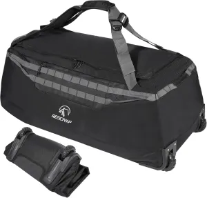 140L Foldable Duffle Bag with Wheels & Convertible Backpack Straps, Heavy-Duty 1680D Oxford Waterproof Rolling Travel Bag, Large U-Shaped Opening & Carry Pouch, Black
