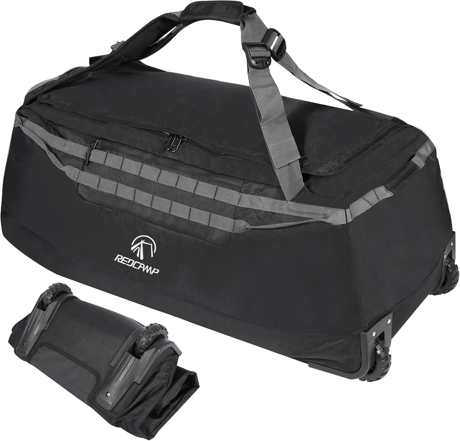 140L Foldable Duffle Bag with Wheels & Convertible Backpack Straps, Heavy-Duty 1680D Oxford Waterproof Rolling Travel Bag, Large U-Shaped Opening & Carry Pouch, Black