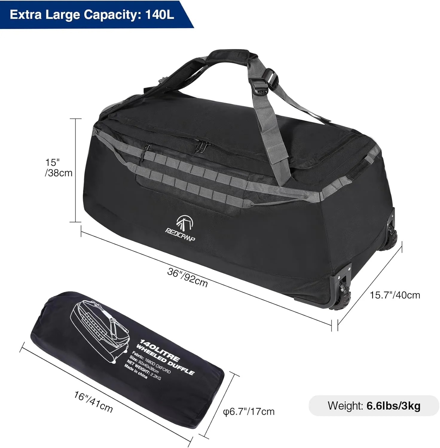 140L Foldable Duffle Bag with Wheels & Convertible Backpack Straps, Heavy-Duty 1680D Oxford Waterproof Rolling Travel Bag, Large U-Shaped Opening & Carry Pouch, Black