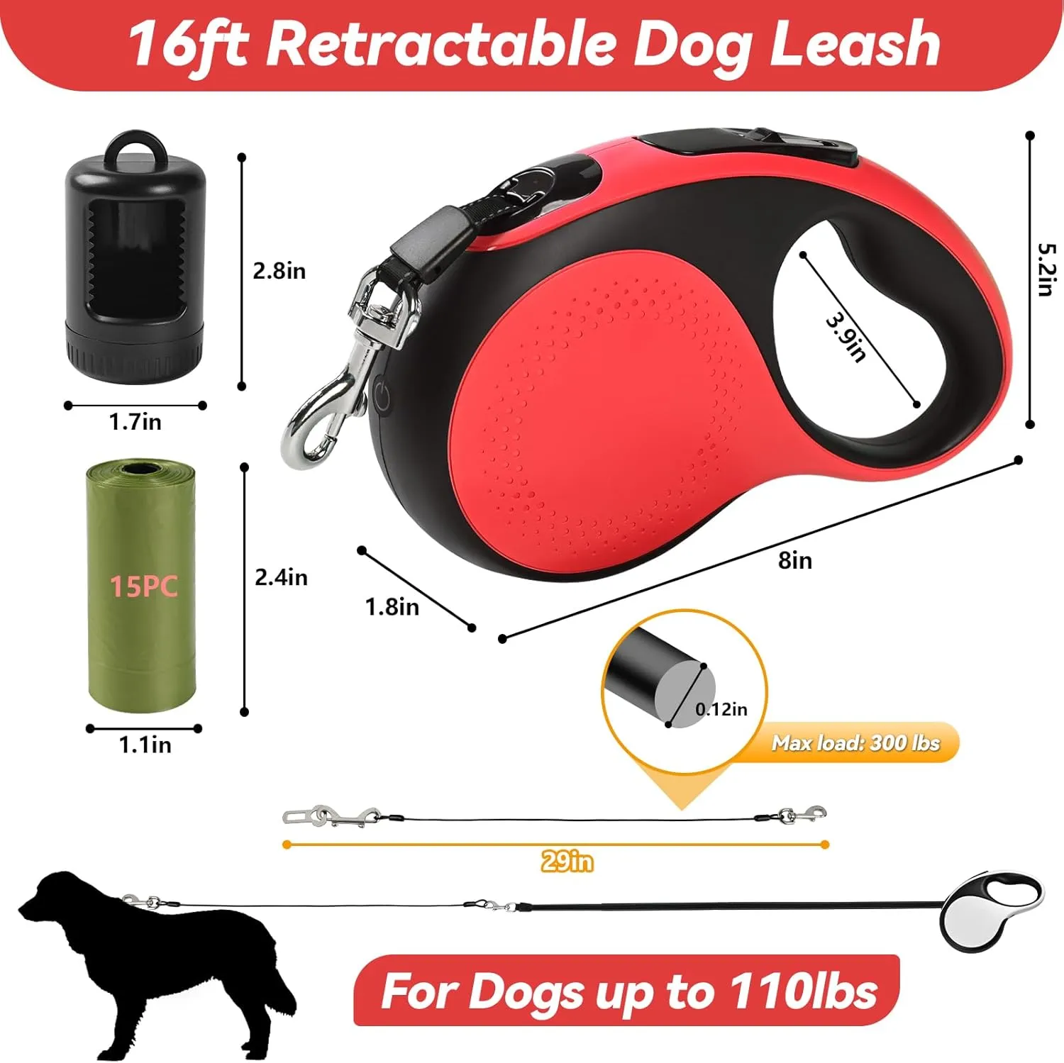 16ft Heavy Duty Retractable Dog Leash with Chew Proof Cable-for Dog up to 110lbs, with Rechargeable LED Light, Dispenser, Poop Bags, 360° No Tangle, One-Handed Brake & Lock. (Red, 16ft LED)