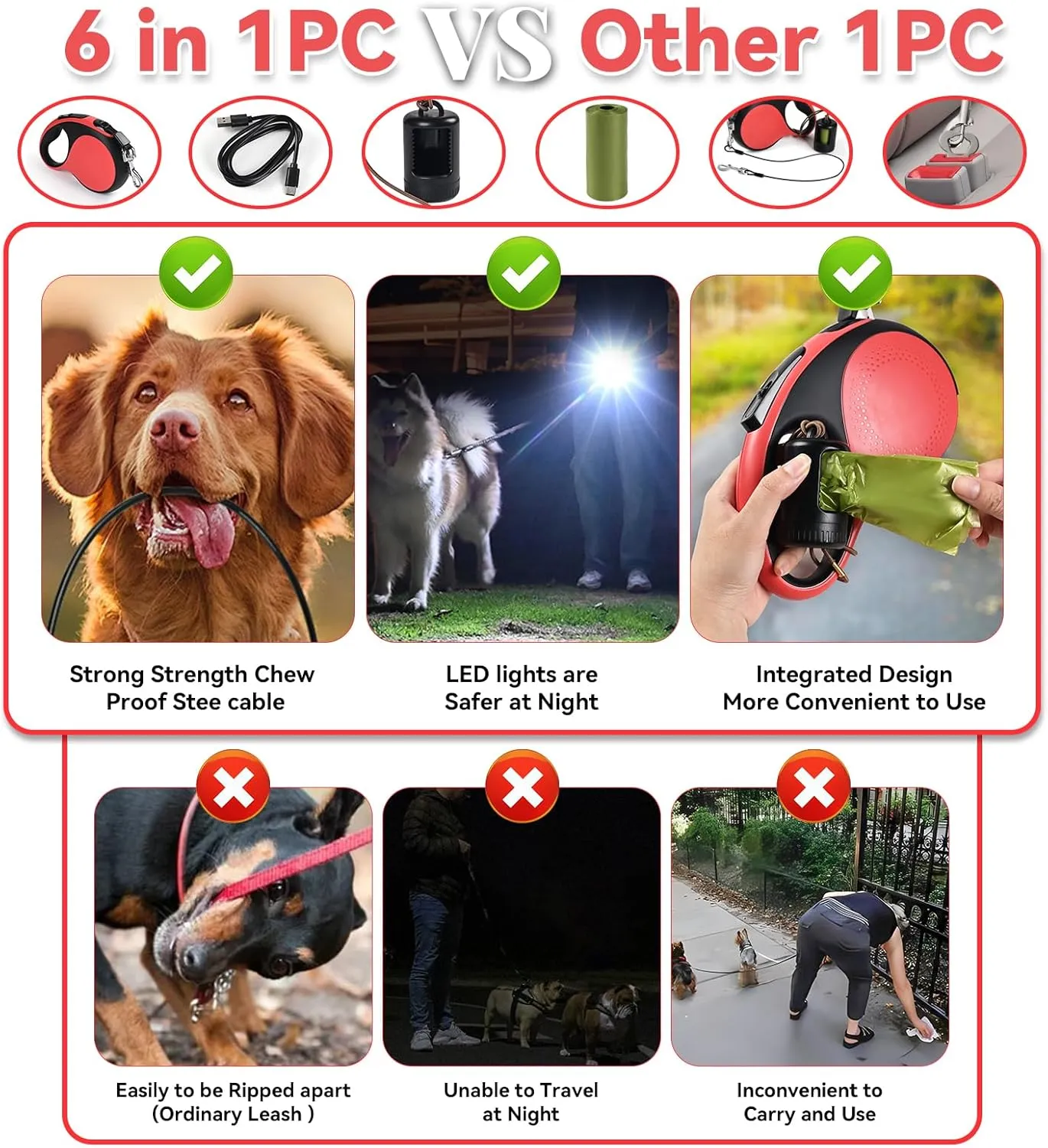 16ft Heavy Duty Retractable Dog Leash with Chew Proof Cable-for Dog up to 110lbs, with Rechargeable LED Light, Dispenser, Poop Bags, 360° No Tangle, One-Handed Brake & Lock. (Red, 16ft LED)