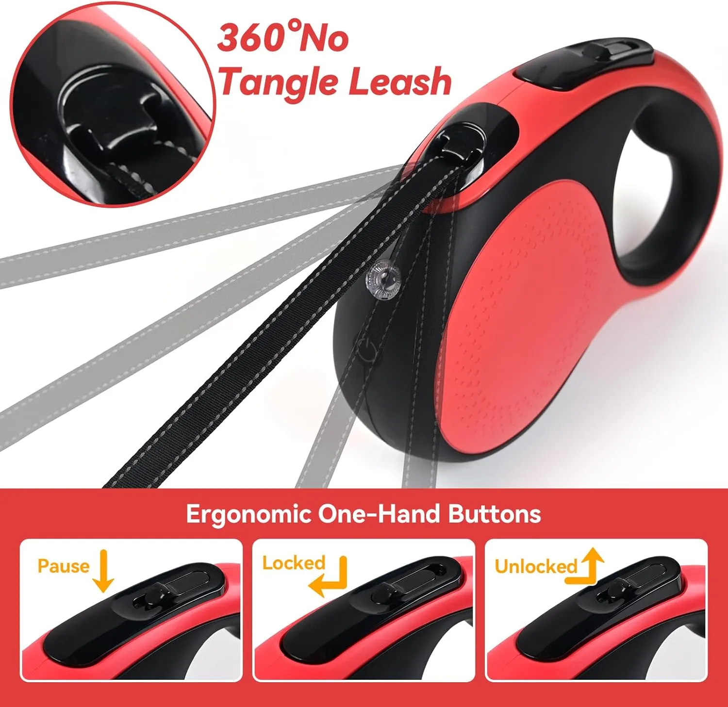 16ft Heavy Duty Retractable Dog Leash with Chew Proof Cable-for Dog up to 110lbs, with Rechargeable LED Light, Dispenser, Poop Bags, 360° No Tangle, One-Handed Brake & Lock. (Red, 16ft LED)