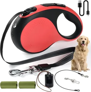 16ft Heavy Duty Retractable Dog Leash with Chew Proof Cable-for Dog up to 110lbs, with Rechargeable LED Light, Dispenser, Poop Bags, 360° No Tangle, One-Handed Brake & Lock. (Red, 16ft LED)