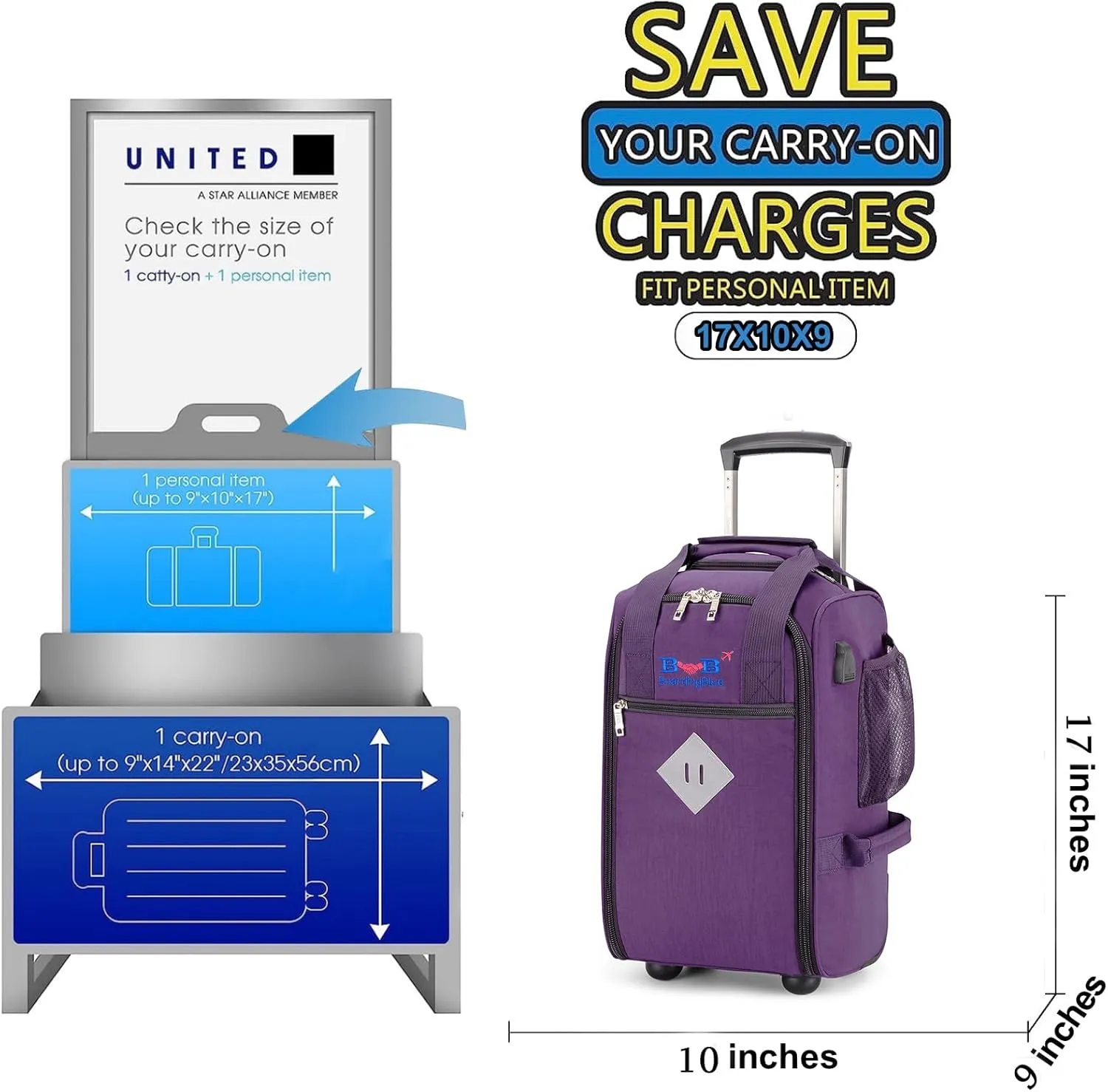 17x10x9 Inches United Airlines Rolling Personal Item Under Seat Duffle bags Suitable For Major Airlines Including Spirit, and Frontier Airline