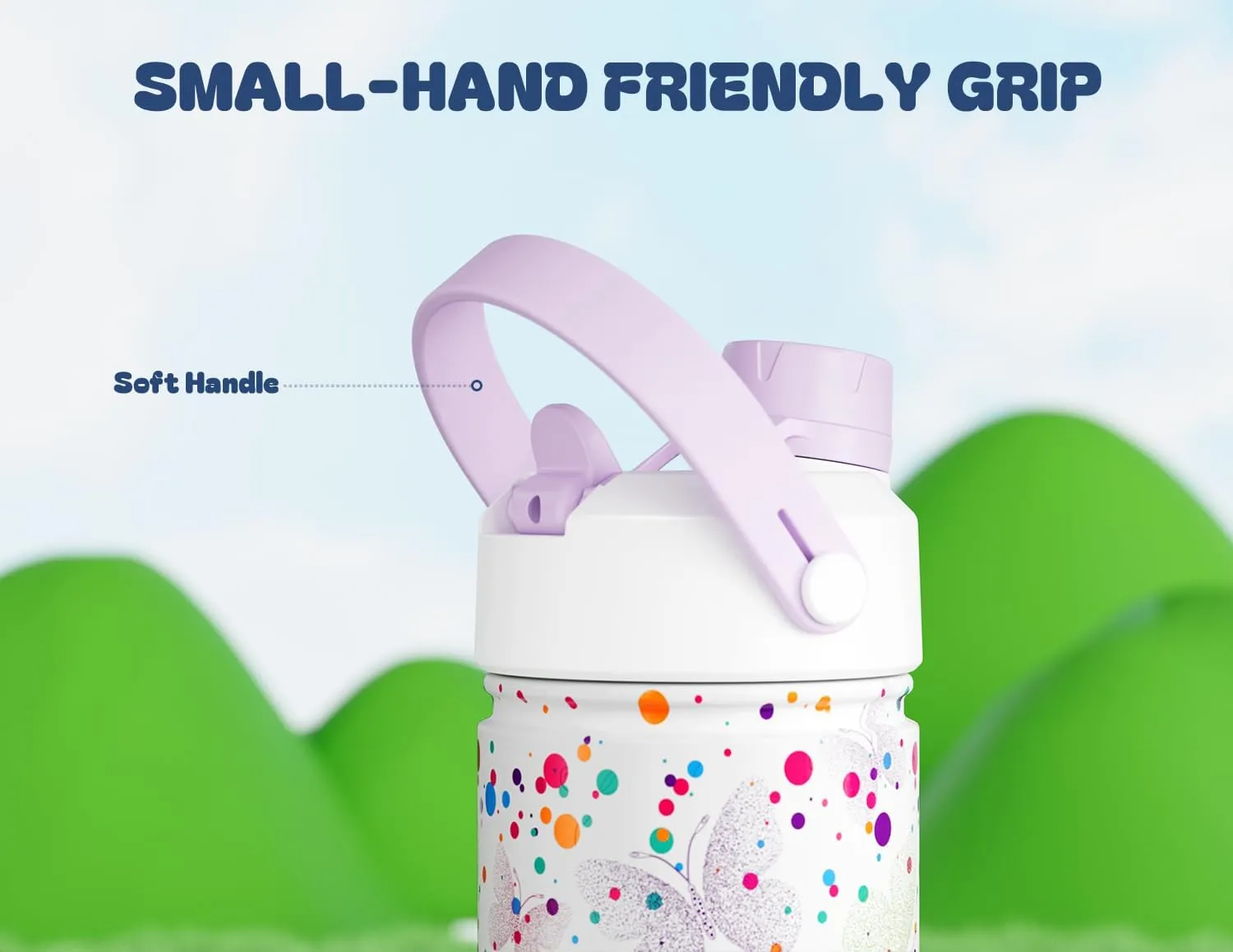 18 oz Kids Insulated Water Bottle: BPA-Free, Easy Clean, Keep Cold 24H, Leakproof, Stainless Steel Cup, Unique Patterns, Dual-Function Lid for School, Travel, Party, Playtime, Gift (Dotty Butterfly)