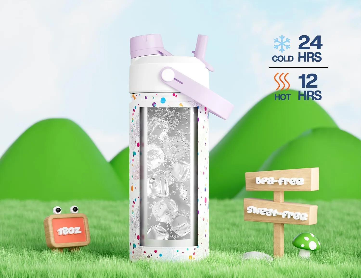 18 oz Kids Insulated Water Bottle: BPA-Free, Easy Clean, Keep Cold 24H, Leakproof, Stainless Steel Cup, Unique Patterns, Dual-Function Lid for School, Travel, Party, Playtime, Gift (Dotty Butterfly)