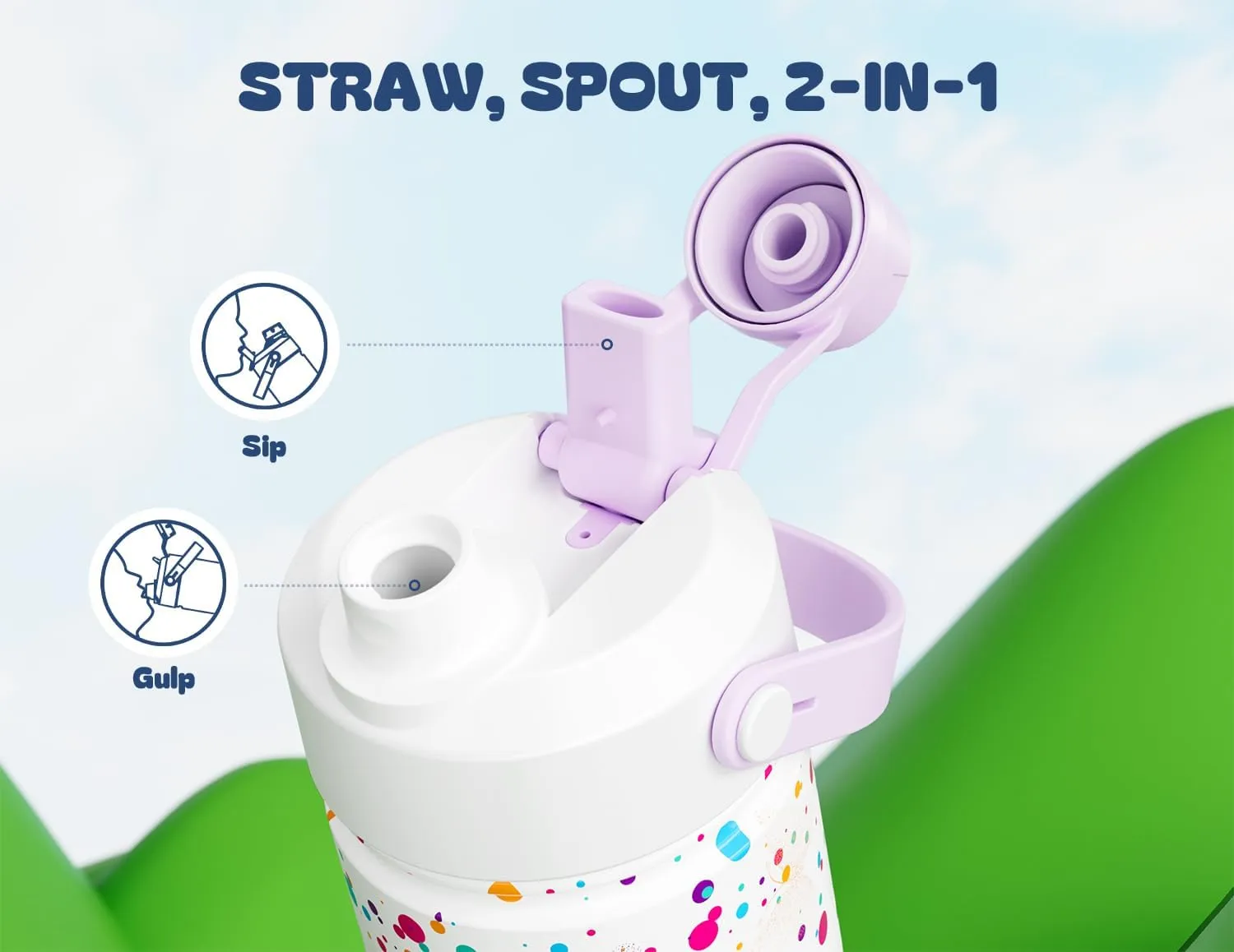 18 oz Kids Insulated Water Bottle: BPA-Free, Easy Clean, Keep Cold 24H, Leakproof, Stainless Steel Cup, Unique Patterns, Dual-Function Lid for School, Travel, Party, Playtime, Gift (Dotty Butterfly)