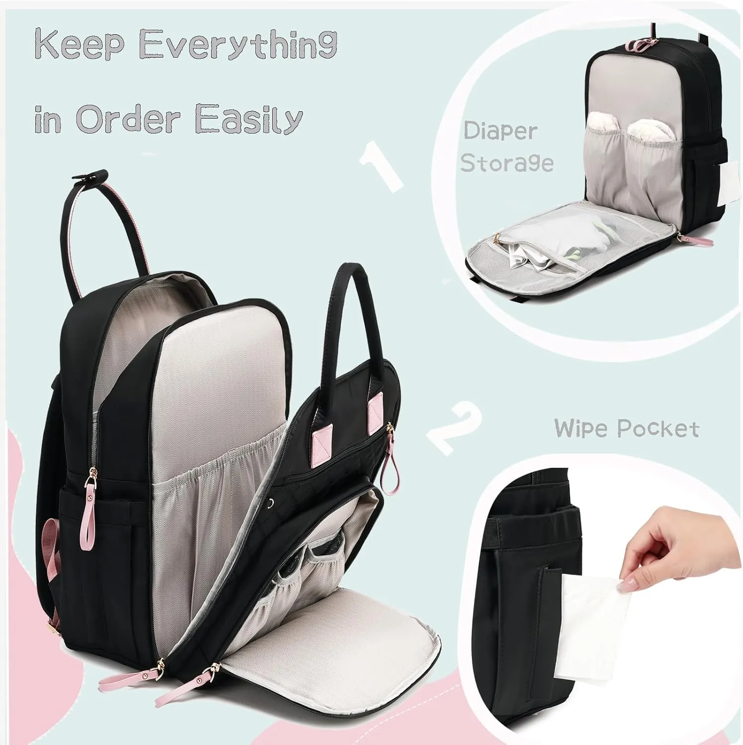 18 Pockets Diaper Bag Backpack with Waterproof Pockets and Stroller Buckle, Convertible Tote Bag (Light Mocha Mousse)