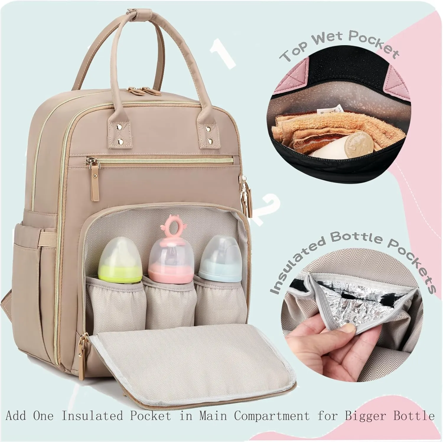 18 Pockets Diaper Bag Backpack with Waterproof Pockets and Stroller Buckle, Convertible Tote Bag (Light Mocha Mousse)