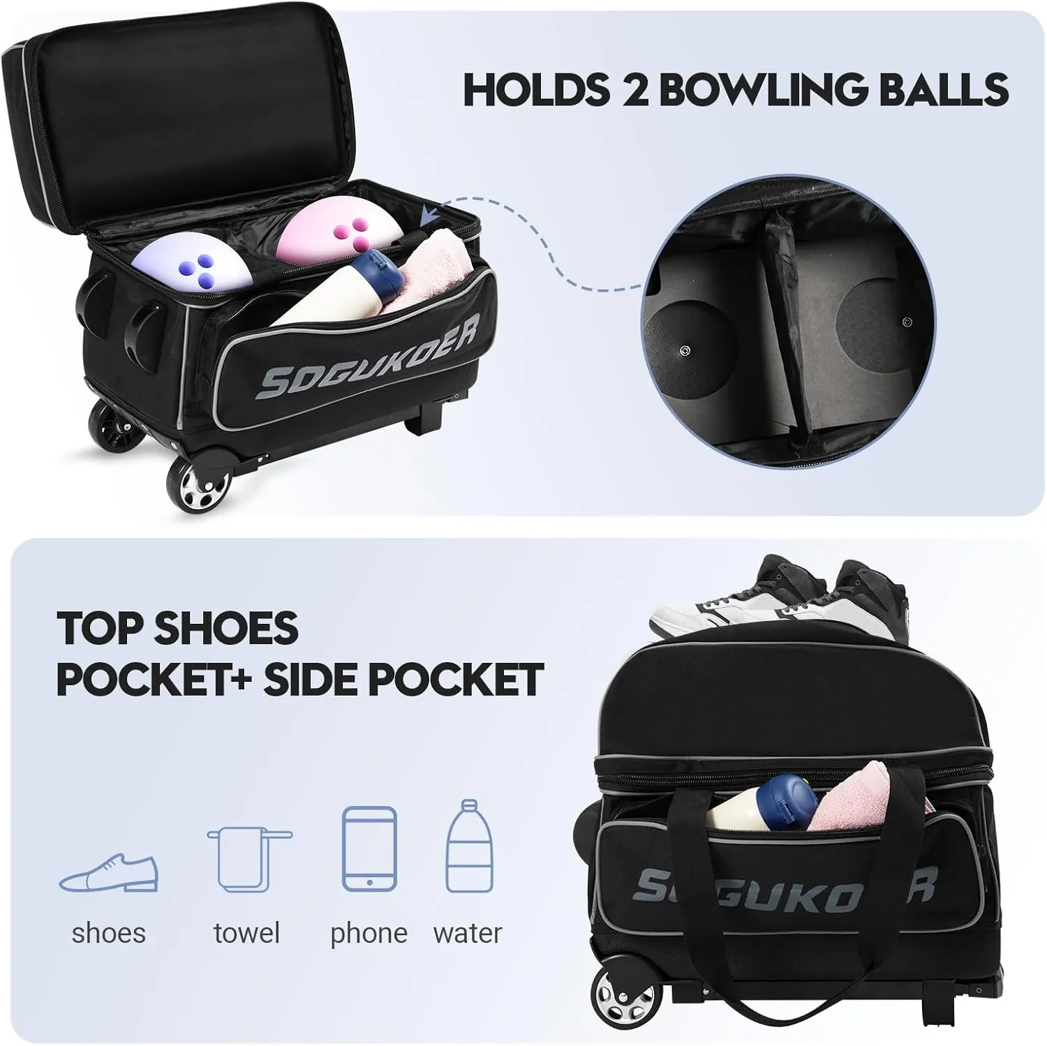 2 Bowling ball Bag with Wheels, Lightweight Trolley Double Ball Bowling bag with Large Separate Shoe Compartment and Oversized Accessory Pocket, Retractable Handle Extends To 39.5"