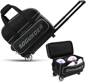 2 Bowling ball Bag with Wheels, Lightweight Trolley Double Ball Bowling bag with Large Separate Shoe Compartment and Oversized Accessory Pocket, Retractable Handle Extends To 39.5"