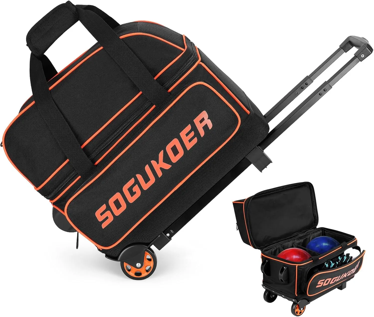 2 Bowling ball Bag with Wheels, Lightweight Trolley Double Ball Bowling bag with Large Separate Shoe Compartment and Oversized Accessory Pocket, Retractable Handle Extends To 39.5"