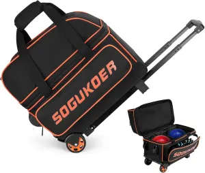2 Bowling ball Bag with Wheels, Lightweight Trolley Double Ball Bowling bag with Large Separate Shoe Compartment and Oversized Accessory Pocket, Retractable Handle Extends To 39.5"