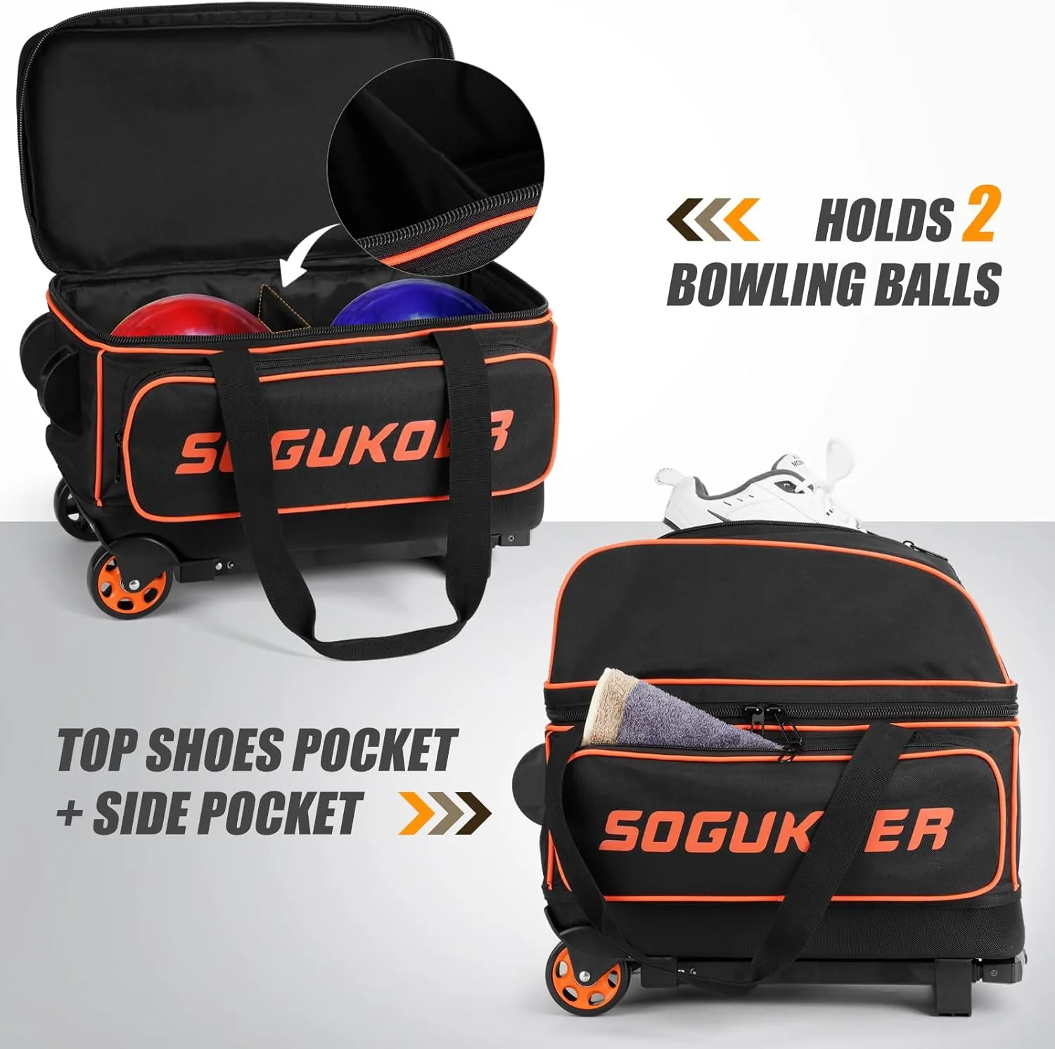 2 Bowling ball Bag with Wheels, Lightweight Trolley Double Ball Bowling bag with Large Separate Shoe Compartment and Oversized Accessory Pocket, Retractable Handle Extends To 39.5"