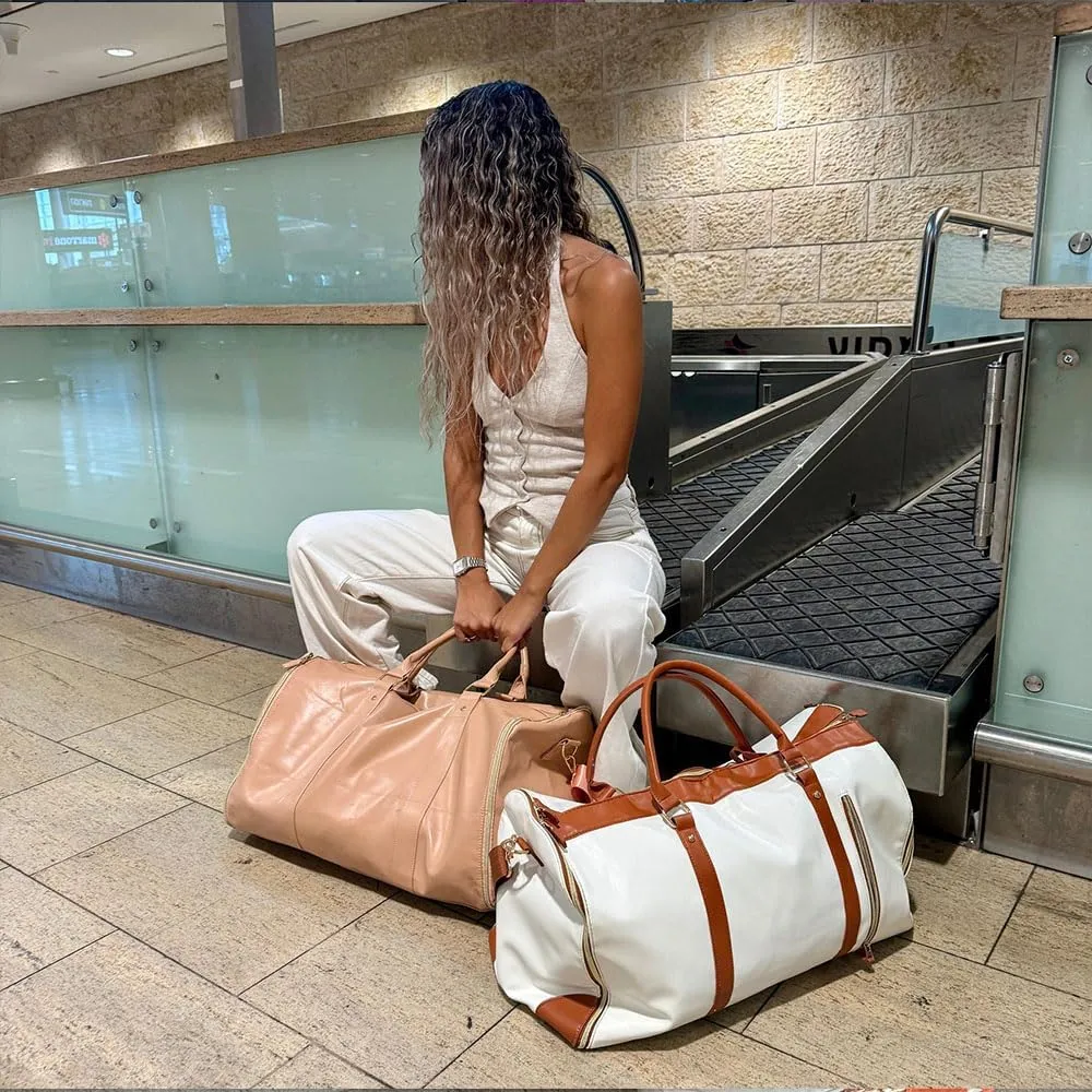 2 in 1 Luxemega Bag with Wheels, Luxemega Travel Bag with Crossbody Strap, Convertible Garment Duffel Bag (Beige)