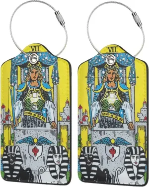 2 Pack Luggage Tags PU Leather Tag Tarot Cards The Chariot Travel ID Labels for Baggage Suitcase Backpack Bag, Black