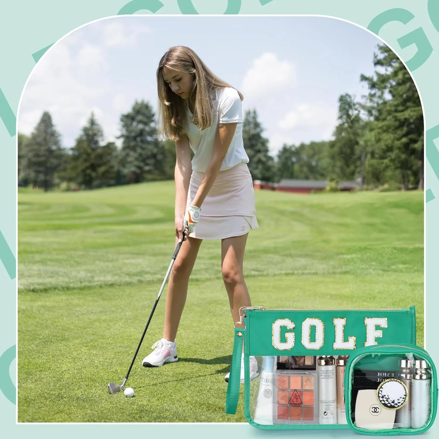2 Pcs Golf Gifts Cosmetic Makeup Bag with Chenille Letter Patch, Clear Pouch PVC Organizer Purse, Waterproof Travel Bag, Portable Toiletry Storage Bag for Her Girls Friends Women