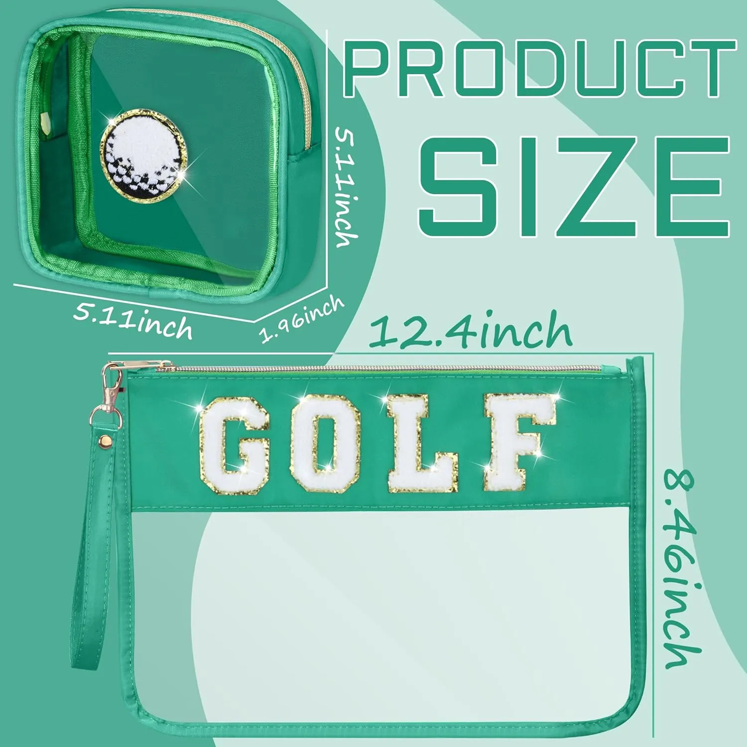 2 Pcs Golf Gifts Cosmetic Makeup Bag with Chenille Letter Patch, Clear Pouch PVC Organizer Purse, Waterproof Travel Bag, Portable Toiletry Storage Bag for Her Girls Friends Women