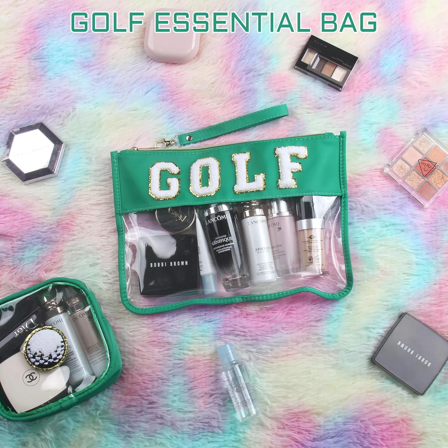 2 Pcs Golf Gifts Cosmetic Makeup Bag with Chenille Letter Patch, Clear Pouch PVC Organizer Purse, Waterproof Travel Bag, Portable Toiletry Storage Bag for Her Girls Friends Women