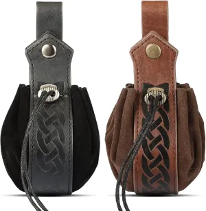 2 Pcs Medieval Faux Leather Pouch Portable Drawstring Purse Medieval Belt Pouch Vintage Renaissance Belt Pouch Dice Bag for Men Women Costume Accessories (Black, Brown)