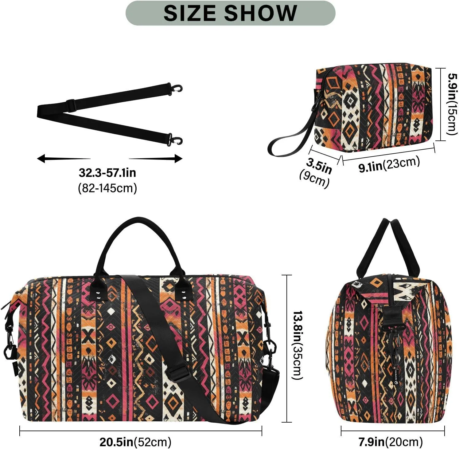 2-Piece Travel Organizer Set - Wave Quilted Expandable Duffel Bag with Detachable Toiletry Pouch, TSA-Compliant Carry-On for Gym/Camping/Airplane, Bohemian Pattern (27)