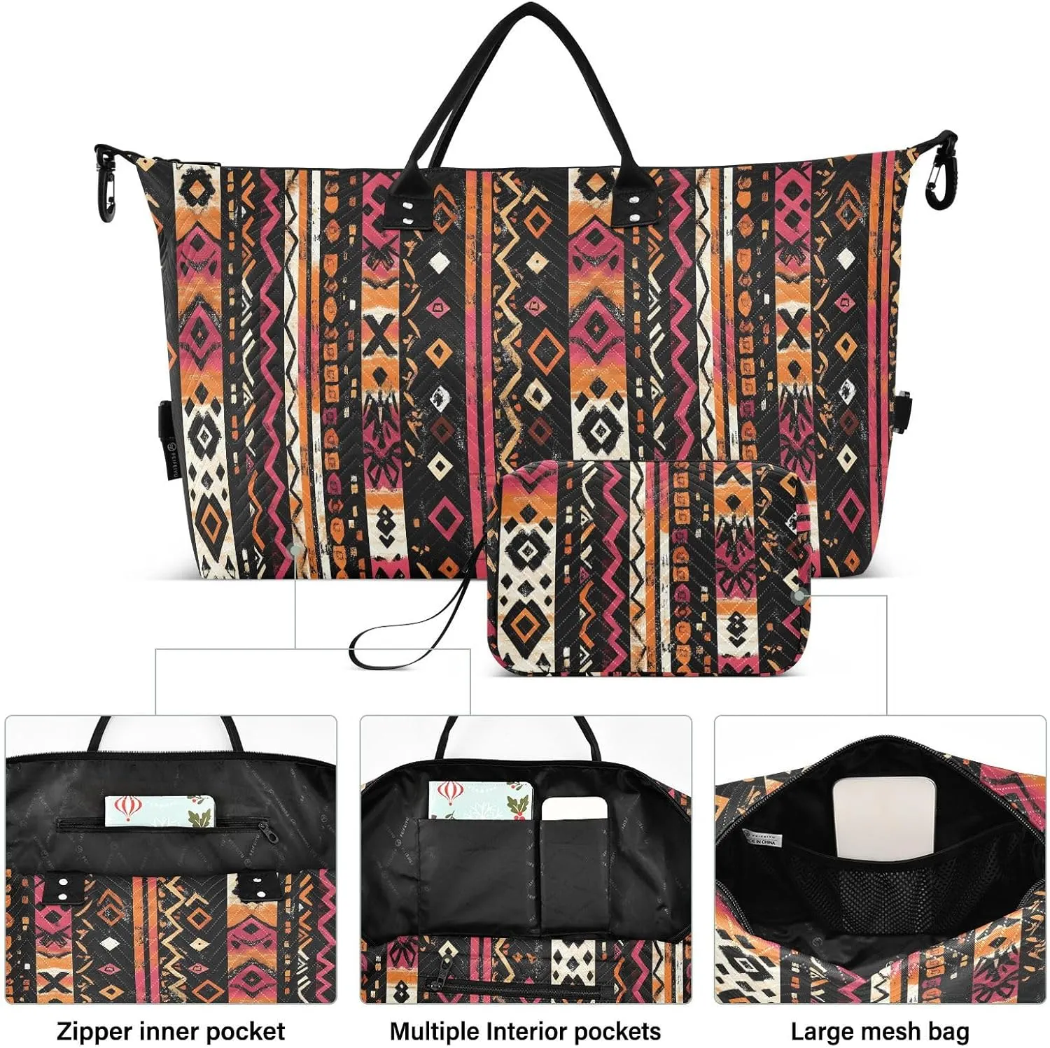 2-Piece Travel Organizer Set - Wave Quilted Expandable Duffel Bag with Detachable Toiletry Pouch, TSA-Compliant Carry-On for Gym/Camping/Airplane, Bohemian Pattern (27)