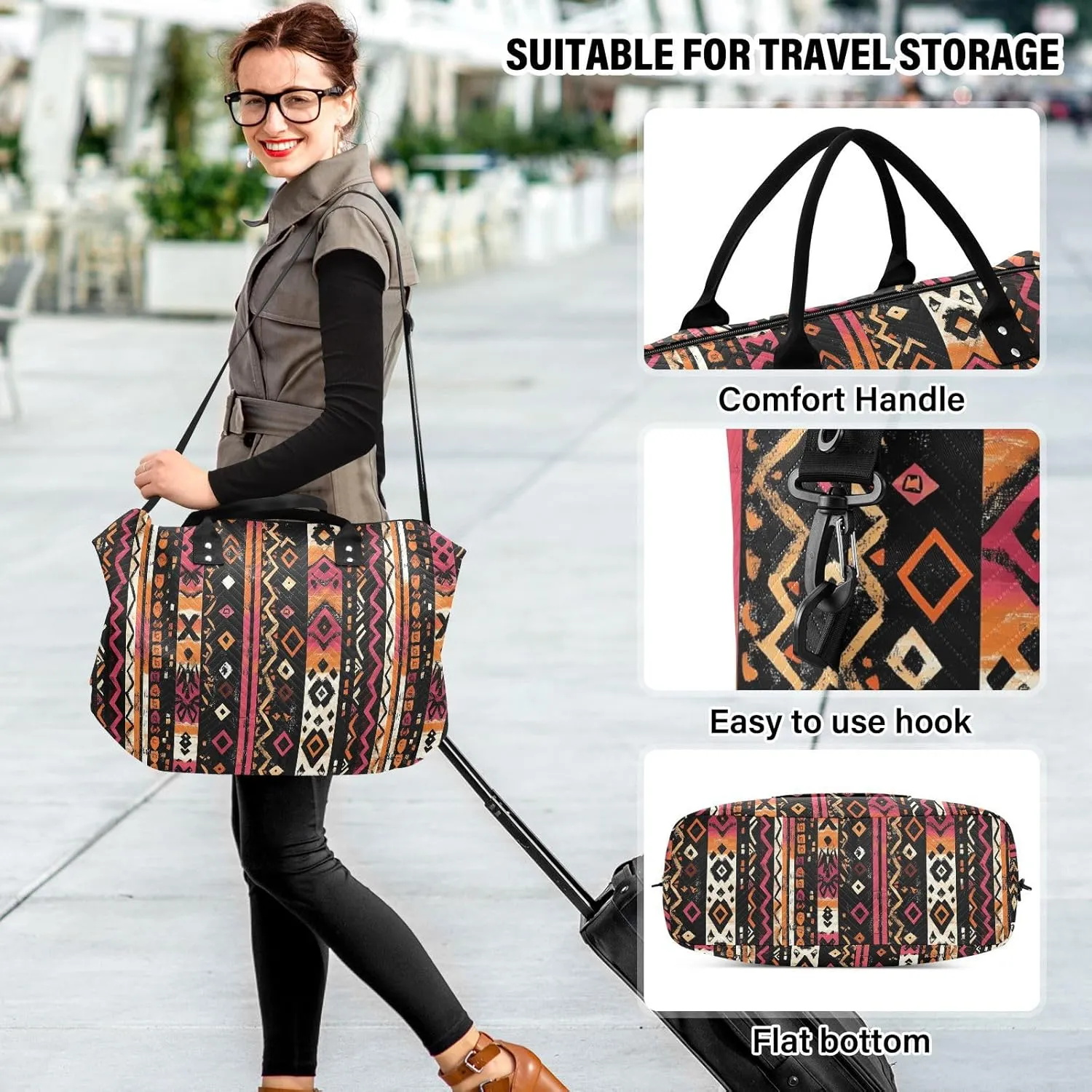 2-Piece Travel Organizer Set - Wave Quilted Expandable Duffel Bag with Detachable Toiletry Pouch, TSA-Compliant Carry-On for Gym/Camping/Airplane, Bohemian Pattern (27)