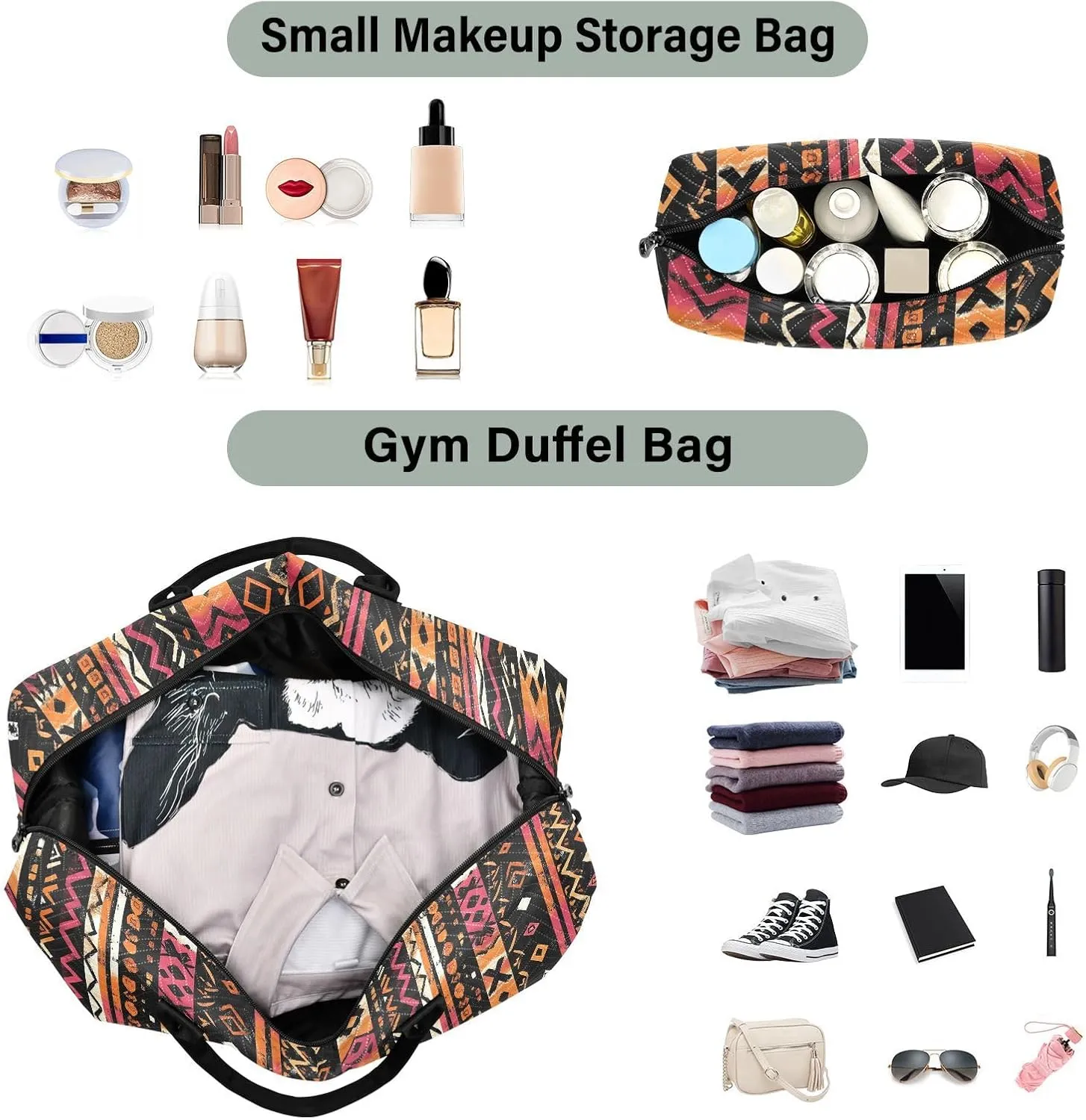 2-Piece Travel Organizer Set - Wave Quilted Expandable Duffel Bag with Detachable Toiletry Pouch, TSA-Compliant Carry-On for Gym/Camping/Airplane, Bohemian Pattern (27)