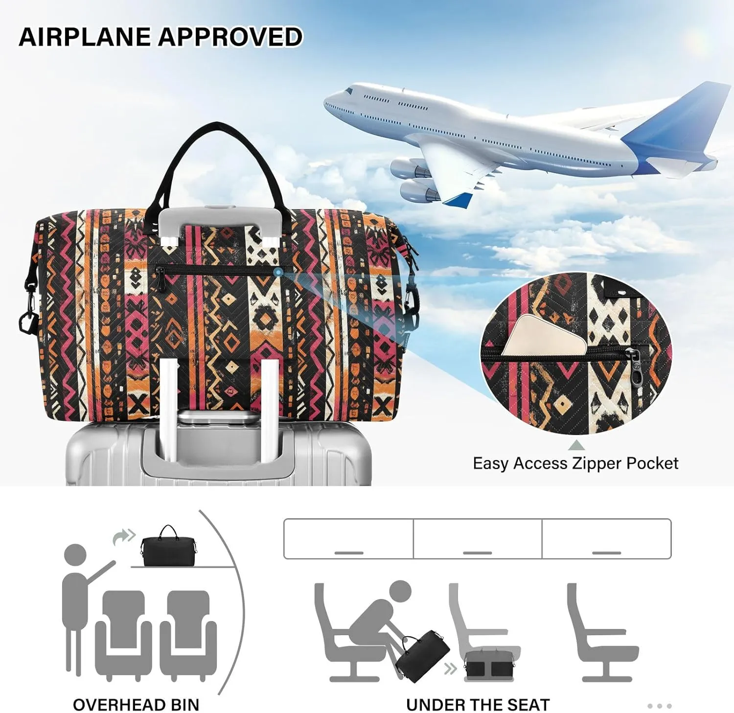 2-Piece Travel Organizer Set - Wave Quilted Expandable Duffel Bag with Detachable Toiletry Pouch, TSA-Compliant Carry-On for Gym/Camping/Airplane, Bohemian Pattern (27)