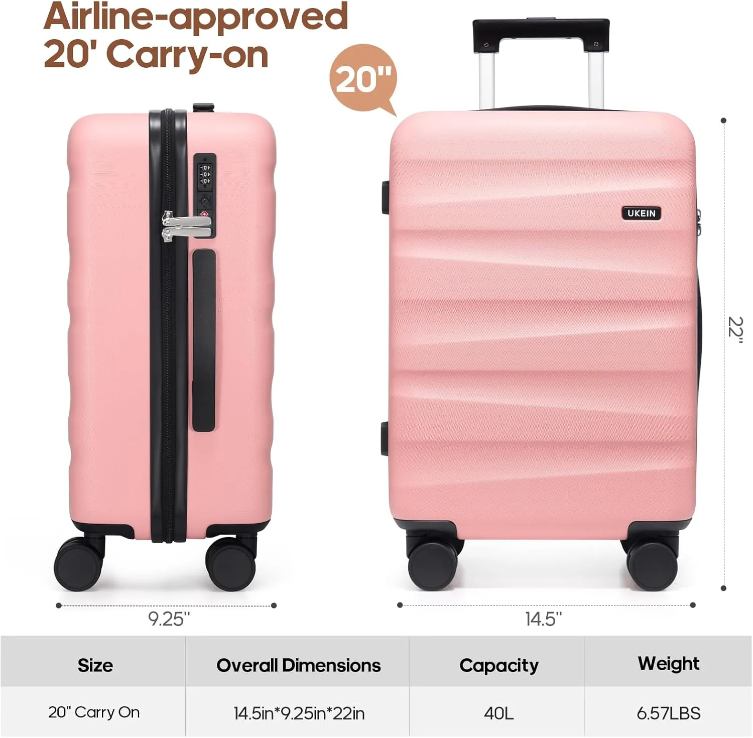 20Inch Carry-On Luggage, Lightweight PC HardShell Suitcase with 360° Spinner Wheels, TSA-Approved, Durable Airline Approved Rolling Luggage with Telescoping Handle, Ideal for 3-4 Day Travel