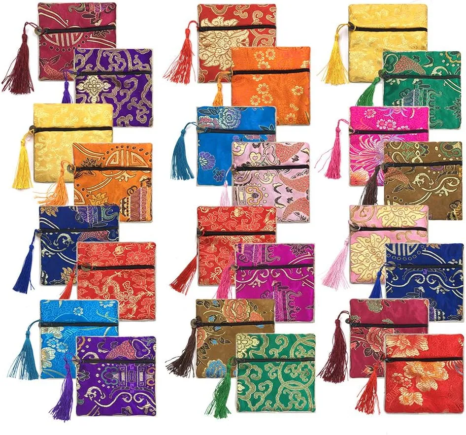 24pc Chinese Silk Brocade Coin Purse Embroider Jewelry Bag Zipper Wallet Pouch