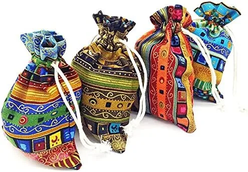 24pc Egyptian Style Jewelry Coin Pouch Print Drawstring Gift Bag Cotton Sachet Candy Travel Purse Ethnic Reusable Grocery for Party Favors Wedding Holiday