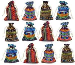 24pc Egyptian Style Jewelry Coin Pouch Print Drawstring Gift Bag Cotton Sachet Candy Travel Purse Ethnic Reusable Grocery for Party Favors Wedding Holiday