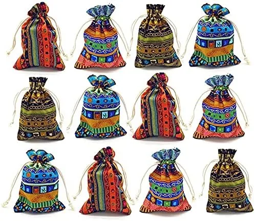 24pc Egyptian Style Jewelry Coin Pouch Print Drawstring Gift Bag Cotton Sachet Candy Travel Purse Ethnic Reusable Grocery for Party Favors Wedding Holiday