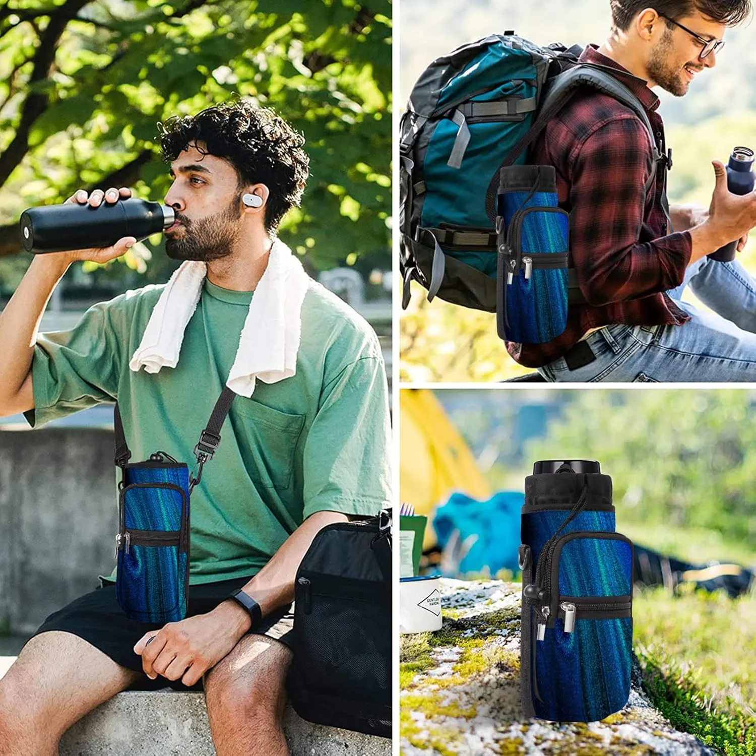 25/32/40/64oz Water Bottle Bag Holder Carrier - Insulated Crossbody Sling Bag Case Sleeve with Strap and Pockets for Men Women Travel Cycling Walking Gym Hiking Camping