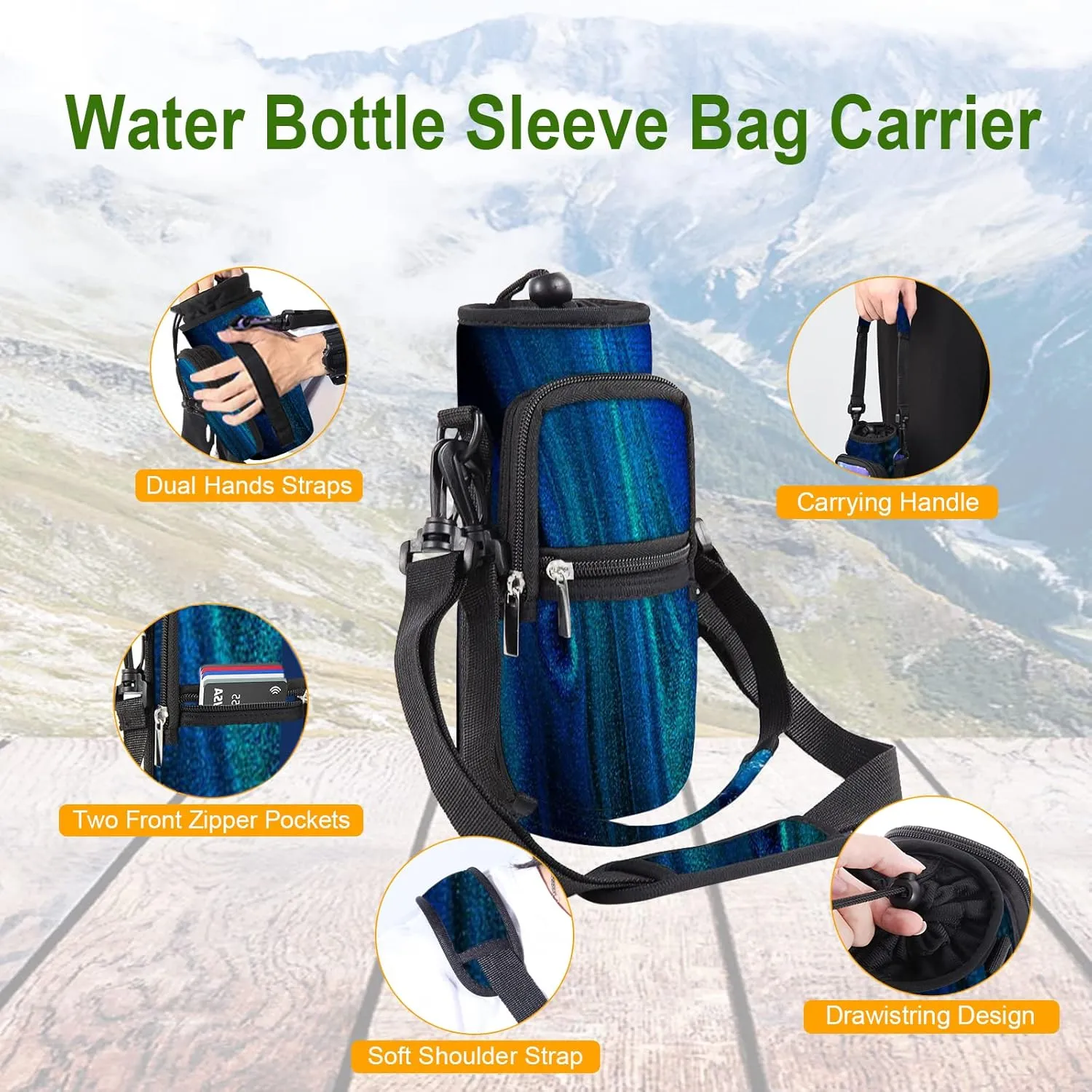 25/32/40/64oz Water Bottle Bag Holder Carrier - Insulated Crossbody Sling Bag Case Sleeve with Strap and Pockets for Men Women Travel Cycling Walking Gym Hiking Camping