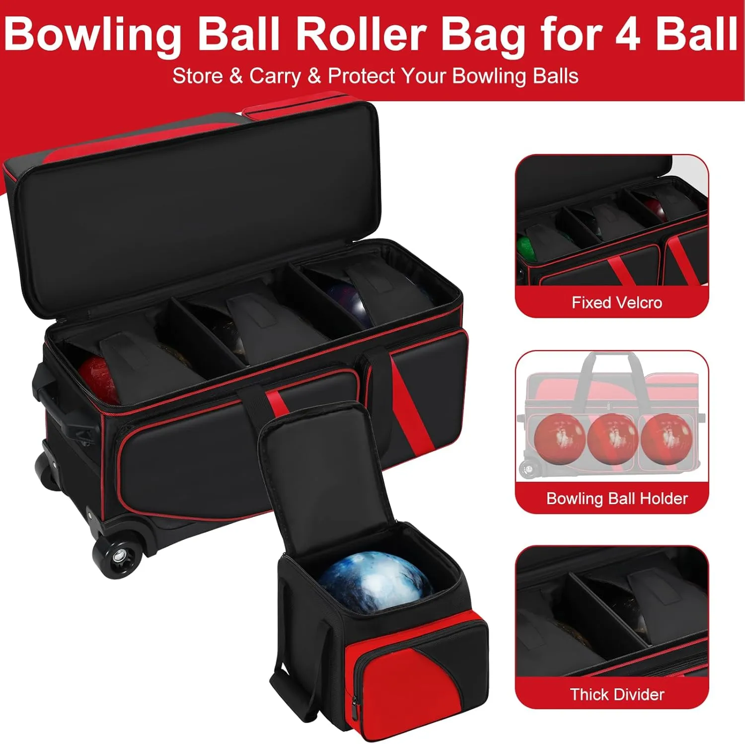 3 Ball Bowling Ball Bag with Wheels   1 Ball Color Matching Add On Tote, 4 Ball Bowling Roller Bag with Multi-Pocket and Shoe Compartment, Rolling Bowling Bag with Retractable Handle for 4 Ball