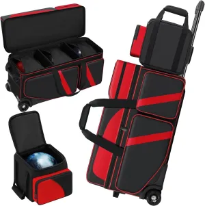 3 Ball Bowling Ball Bag with Wheels   1 Ball Color Matching Add On Tote, 4 Ball Bowling Roller Bag with Multi-Pocket and Shoe Compartment, Rolling Bowling Bag with Retractable Handle for 4 Ball