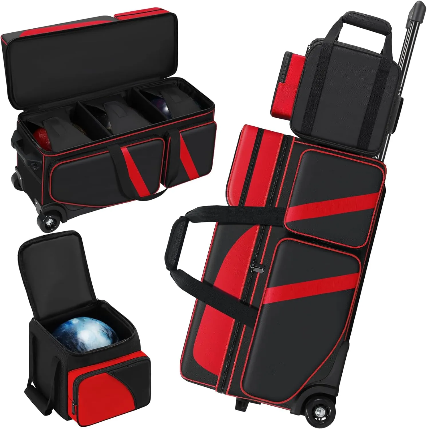 3 Ball Bowling Ball Bag with Wheels   1 Ball Color Matching Add On Tote, 4 Ball Bowling Roller Bag with Multi-Pocket and Shoe Compartment, Rolling Bowling Bag with Retractable Handle for 4 Ball