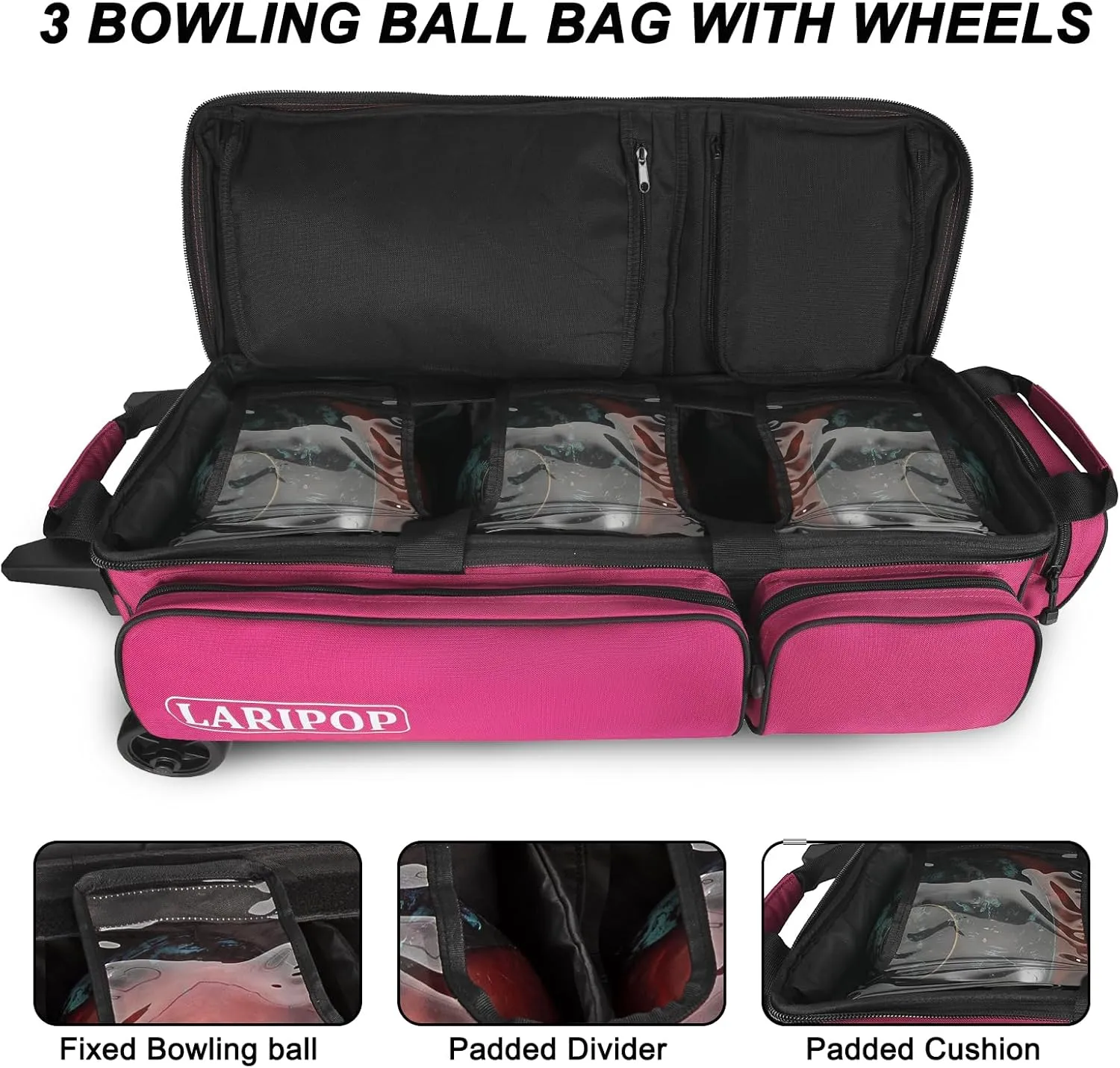 3 Bowling Ball Bag With Wheels - Rolling Bag for Balls & Accessories - Retractable Handle Extends to 38"