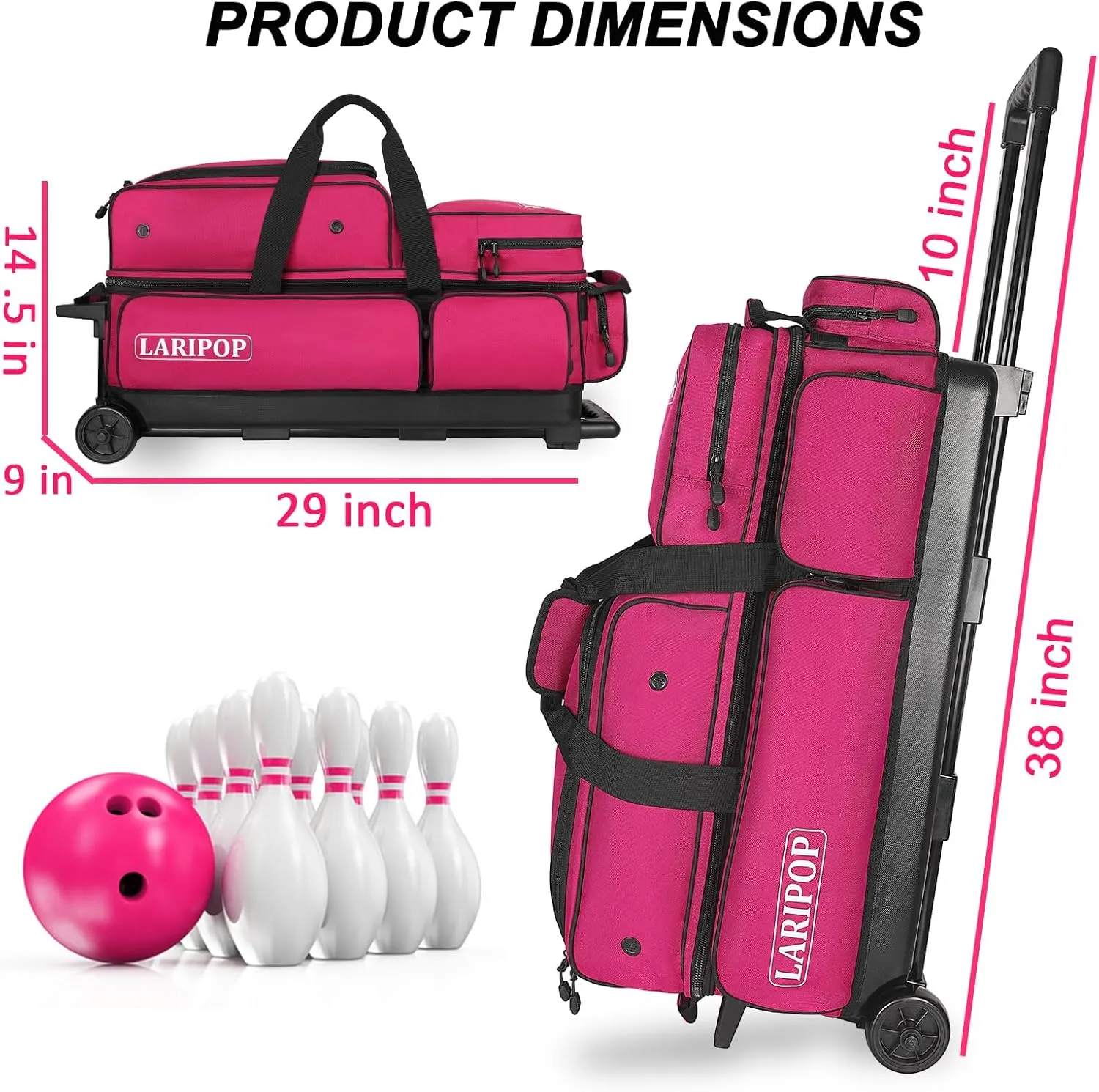 3 Bowling Ball Bag With Wheels - Rolling Bag for Balls & Accessories - Retractable Handle Extends to 38"