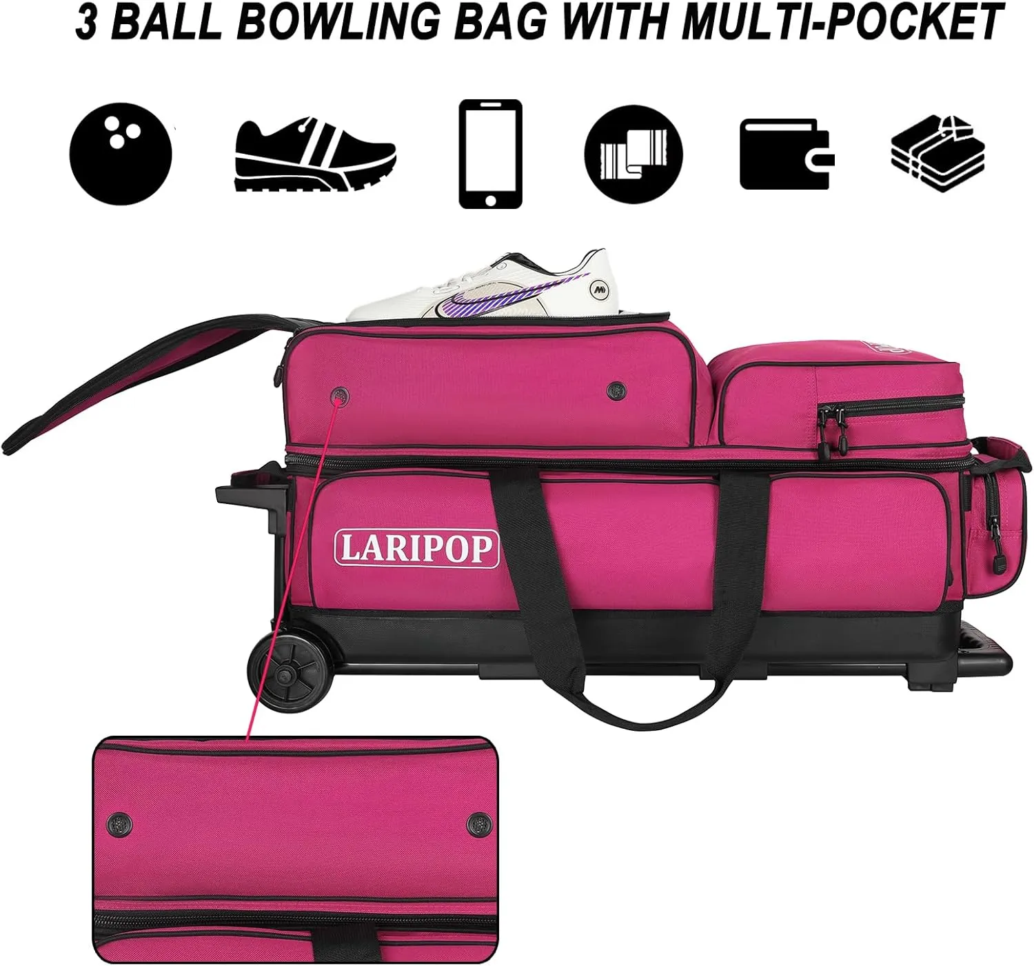 3 Bowling Ball Bag With Wheels - Rolling Bag for Balls & Accessories - Retractable Handle Extends to 38"