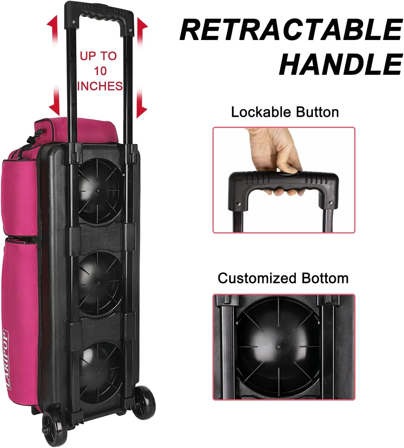 3 Bowling Ball Bag With Wheels - Rolling Bag for Balls & Accessories - Retractable Handle Extends to 38"
