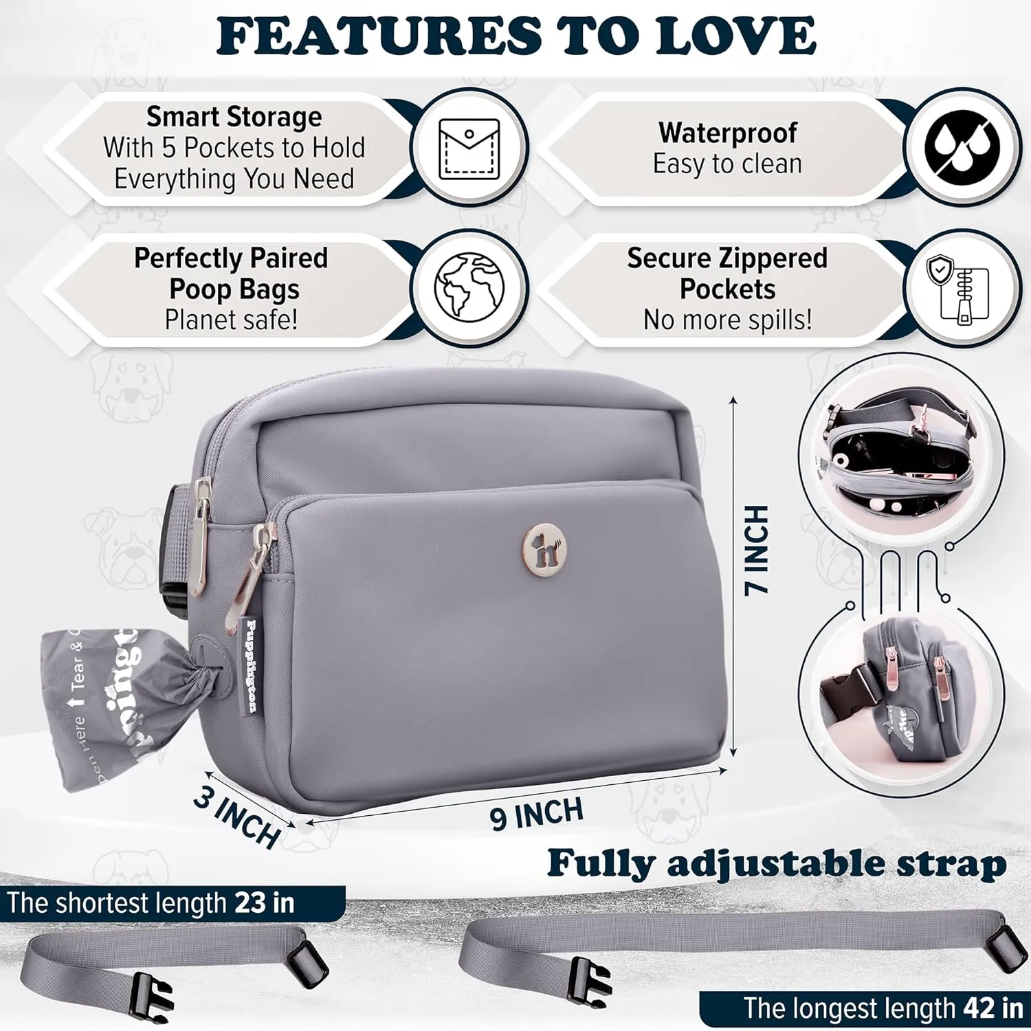 3-in-1 Crossbody Dog Walking Bag & Treat Pouch with Matching Planet Safe Poop Bags & Built-In Dispenser - Zippered Pockets (Charcoal Gray)